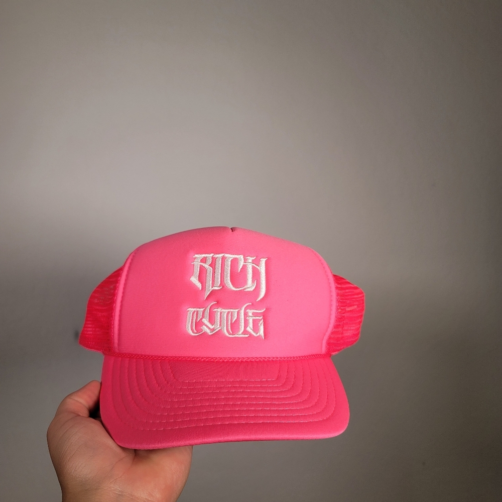 Neon Pink Trucker Hat With Curved Brim With Embroidery By RICH CYCLE